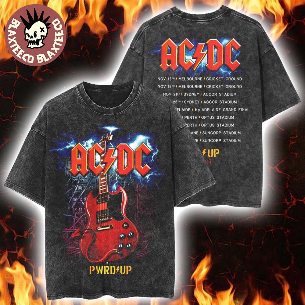 ACDC PWR Up Australia 2025 Angus Young Gibson Electric Guitar PWR UP Tour Retro Washed T-Shirt - T-Shirt, Sweatshirt, Hoodie