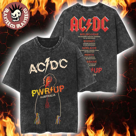 ACDC PWR Up Australia 2025 Angus Young Powerage PWR UP Tour With Dates Back Retro Washed T-Shirt - T-Shirt, Sweatshirt, Hoodie