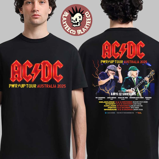 ACDC PWR Up Tour Australia 2025 City Dates With Special Guests Lineup Angus Young And Brian Johnson Photo T-Shirt - T-Shirt, Sweatshirt, Hoodie