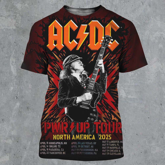 ACDC PWR Up Tour North America 2025 Official Tour Dates Angus Young Art All Over Print Shirt - T-Shirt, Sweatshirt, Hoodie