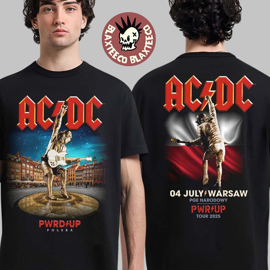 ACDC PWR Up Warsaw Polska 2025 Exclusive Merch Tee At PGE Narodowy On July 4 2025 Angus Young Statue Art Two Sided T-Shirt - T-Shirt, Sweatshirt, Hoodie