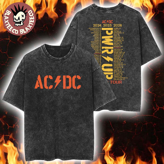 ACDC PWR Up World Tour Merch 2024 2025 2026 Logo With Dates Back Mineral Wash Tee Unisex T-shirt, Sweatshirt, Hoodie, Long Sleeve Tee - T-Shirt, Sweatshirt, Hoodie