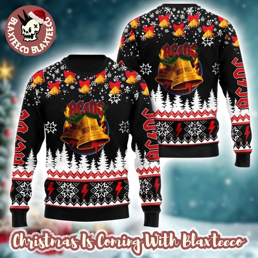 ACDC Signature Hells Bells Snowy Night Pattern Jingle Bells Xmas Ugly Sweater Unisex T-shirt, Sweatshirt, Hoodie, Long Sleeve Tee - T-Shirt, Sweatshirt, Hoodie