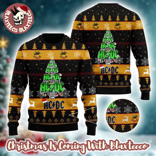 ACDC Signature Logo Christmas Tree Art Black And Gold Knitted Christmas Ugly Sweater Unisex T-shirt, Sweatshirt, Hoodie, Long Sleeve Tee - T-Shirt, Sweatshirt, Hoodie