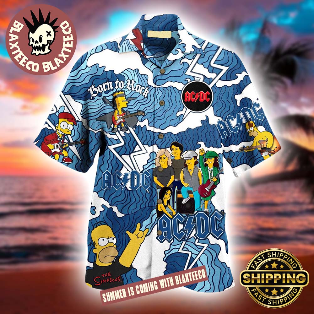 ACDC The Simpsons Born To Rock Surfing Style Blue 2025 Summer Hawaiian Shirt Unisex T-shirt, Sweatshirt, Hoodie, Long Sleeve Tee - T-Shirt, Sweatshirt, Hoodie