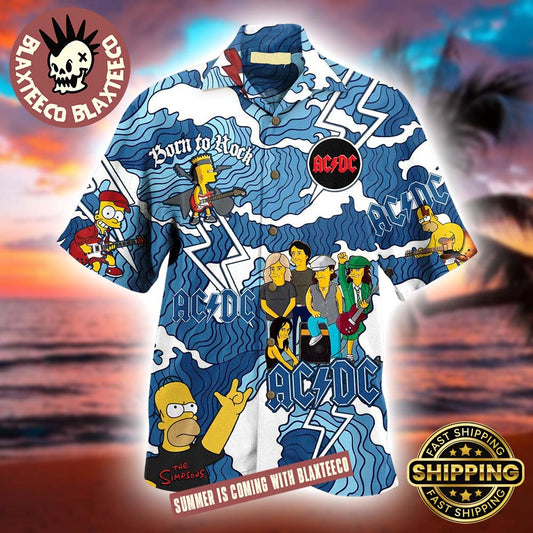 ACDC The Simpsons Born To Rock Surfing Style Blue 2025 Summer Hawaiian Shirt Unisex T-shirt, Sweatshirt, Hoodie, Long Sleeve Tee - T-Shirt, Sweatshirt, Hoodie