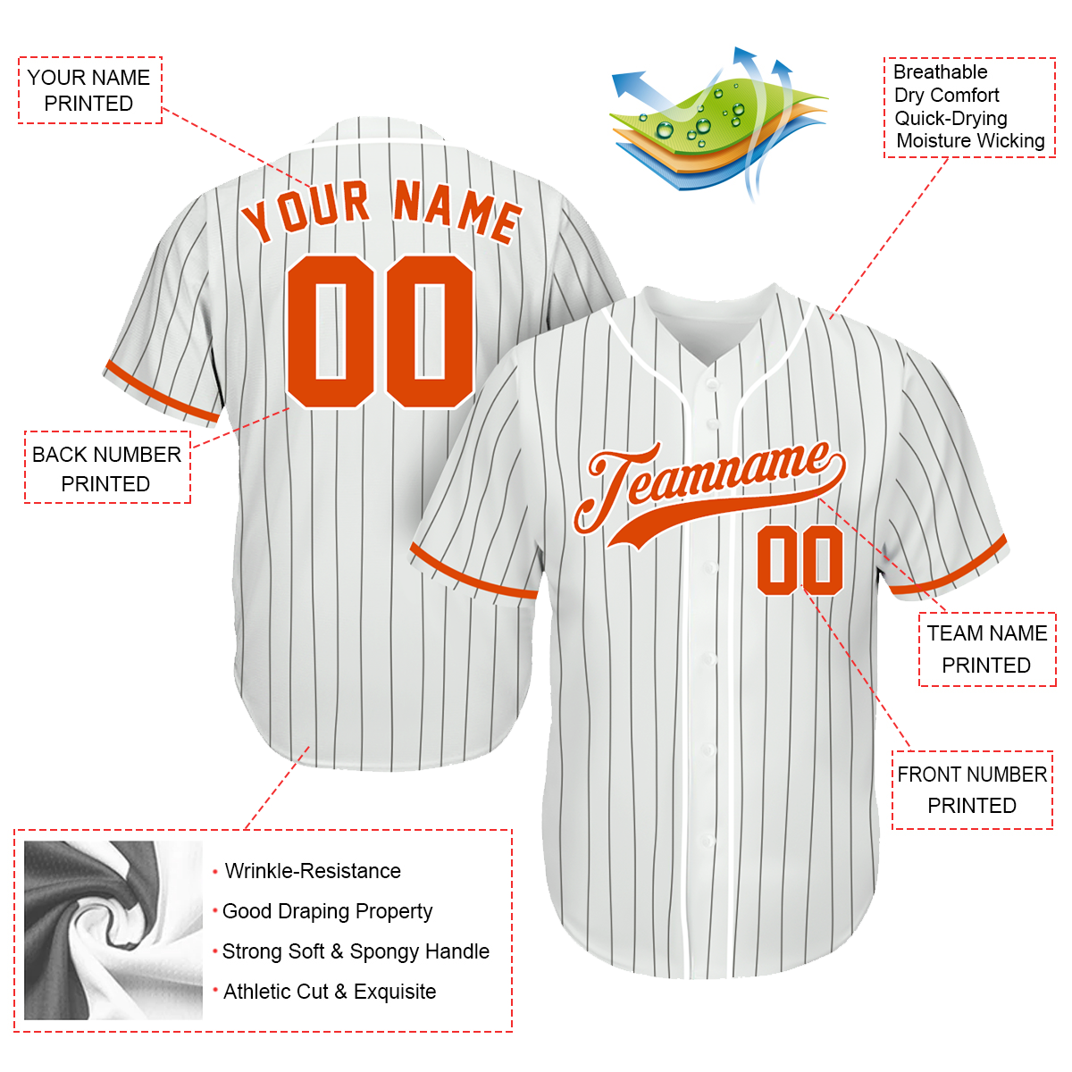 Baseball Jerseys Custom - Gifts Baseball Fans - Pinstripe White Orange - Father's Day Baseball Gifts baseball jersey product view 2