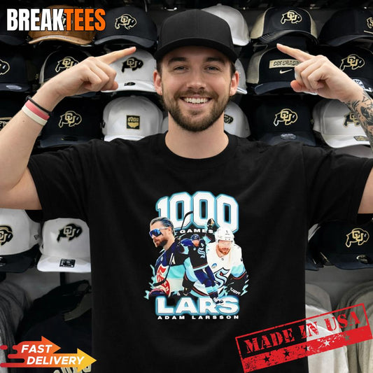 Adam Larsson Seattle Kraken 1000 Games NHL Signature Shirt Unisex T-shirt, Sweatshirt, Hoodie, Long Sleeve Tee - T-Shirt, Sweatshirt, Hoodie