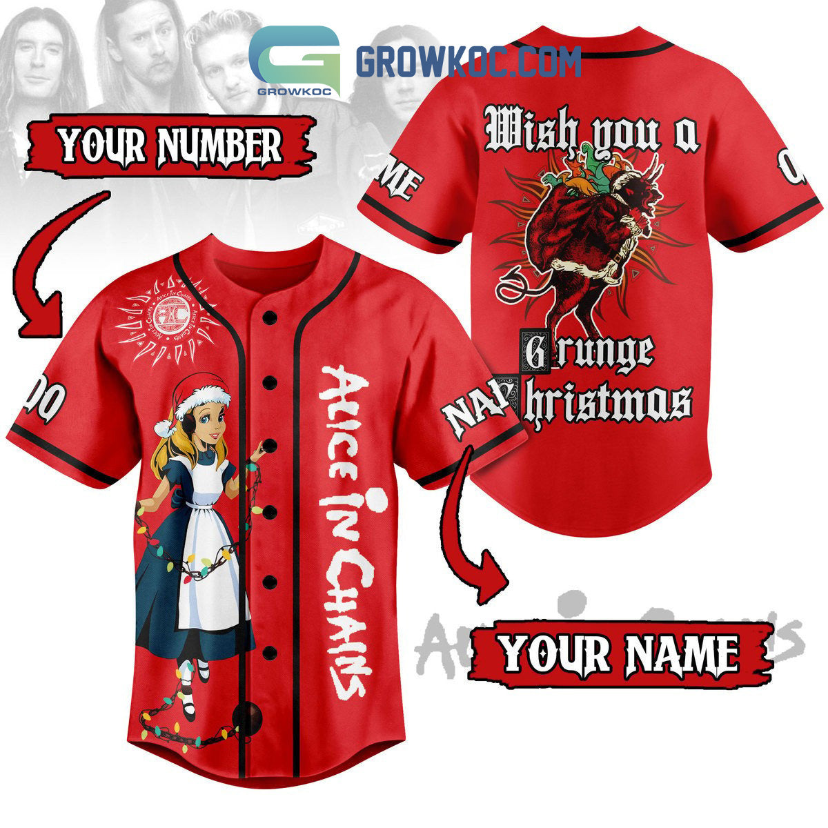 Alice In Chains Wish You A Grunge Christmas Winter Holiday Custom Name Number Personalized Baseball Jersey baseball jersey product view 1