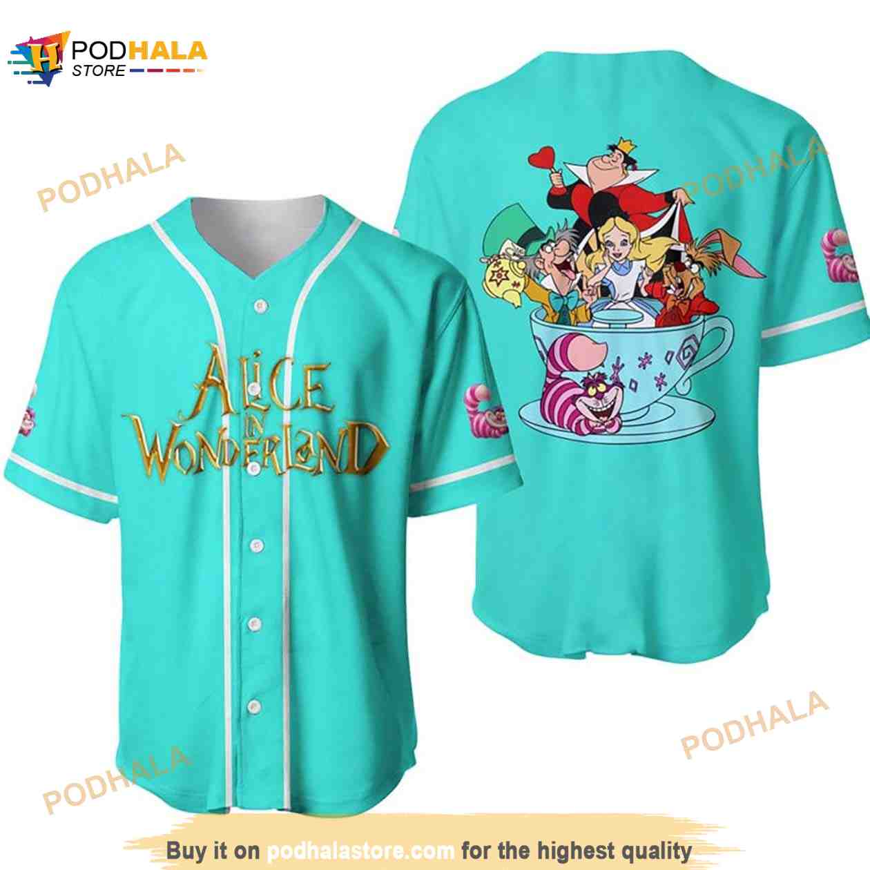 Alice In Wonderland All Over Print 3D Baseball Jersey – Turquoise baseball jersey product view 1