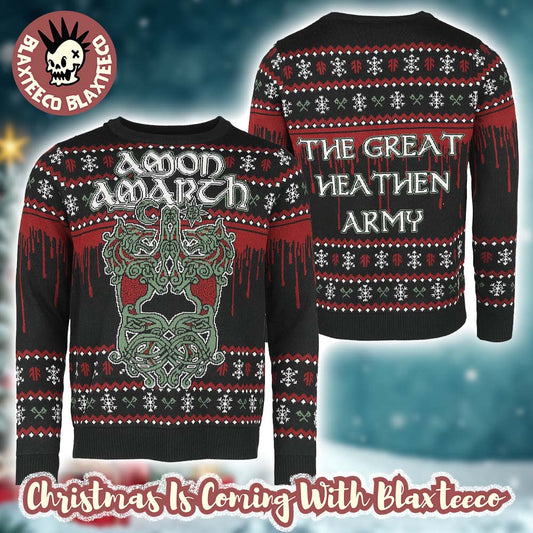 Amon Amarth The Great Heathen Army Twin Viking Dragons Knotwork Knitted Ugly Christmas Sweater - T-Shirt, Sweatshirt, Hoodie