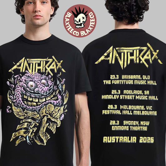 Anthrax Australia Tour 2026 Merch Tee Skull Brain Art With Dates Back Two Sided T-Shirt Unisex T-shirt, Sweatshirt, Hoodie, Long Sleeve Tee - T-Shirt, Sweatshirt, Hoodie