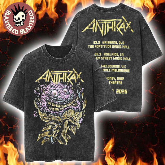 Anthrax Australia Tour 2026 Merch Tee Skull Brain Art With Dates Back Vintage Washed Tee Unisex T-shirt, Sweatshirt, Hoodie, Long Sleeve Tee - T-Shirt, Sweatshirt, Hoodie