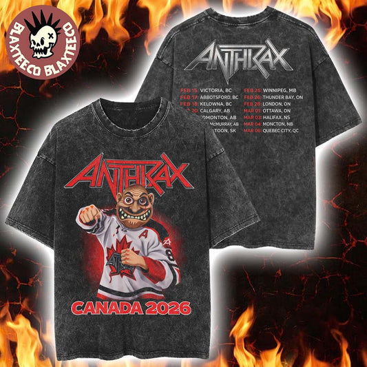 Anthrax Canada 2026 Tour Merch Tee No Man Mascot Canada Hockey Player Art Elbows Up Retro Mineral Wash T-Shirt - T-Shirt, Sweatshirt, Hoodie
