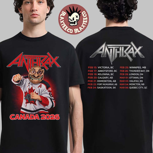 Anthrax Canada 2026 Tour Merch Tee No Man Mascot Canada Hockey Player Art Elbows Up T-Shirt - T-Shirt, Sweatshirt, Hoodie