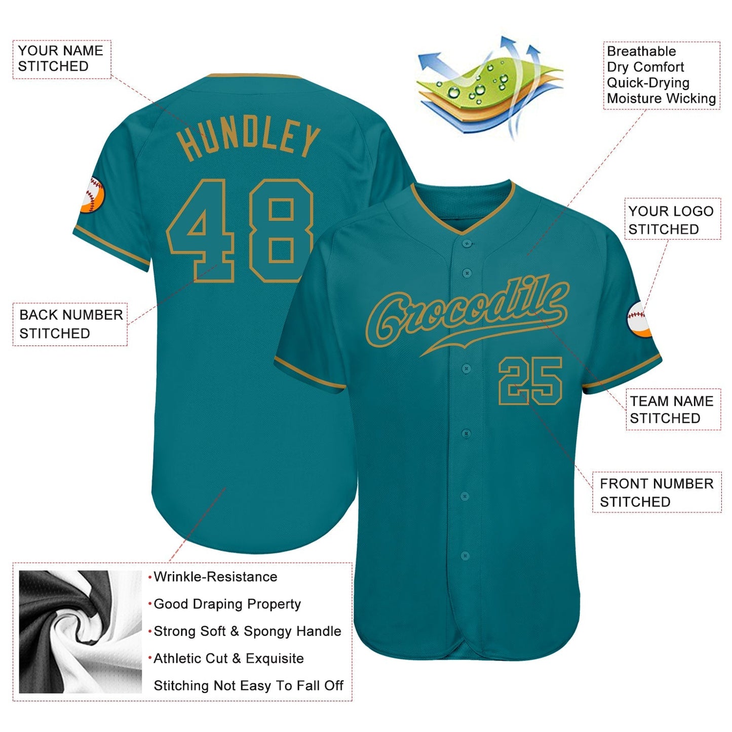 Custom Teal Teal-Old Gold Authentic Baseball Jersey baseball jersey product view 3