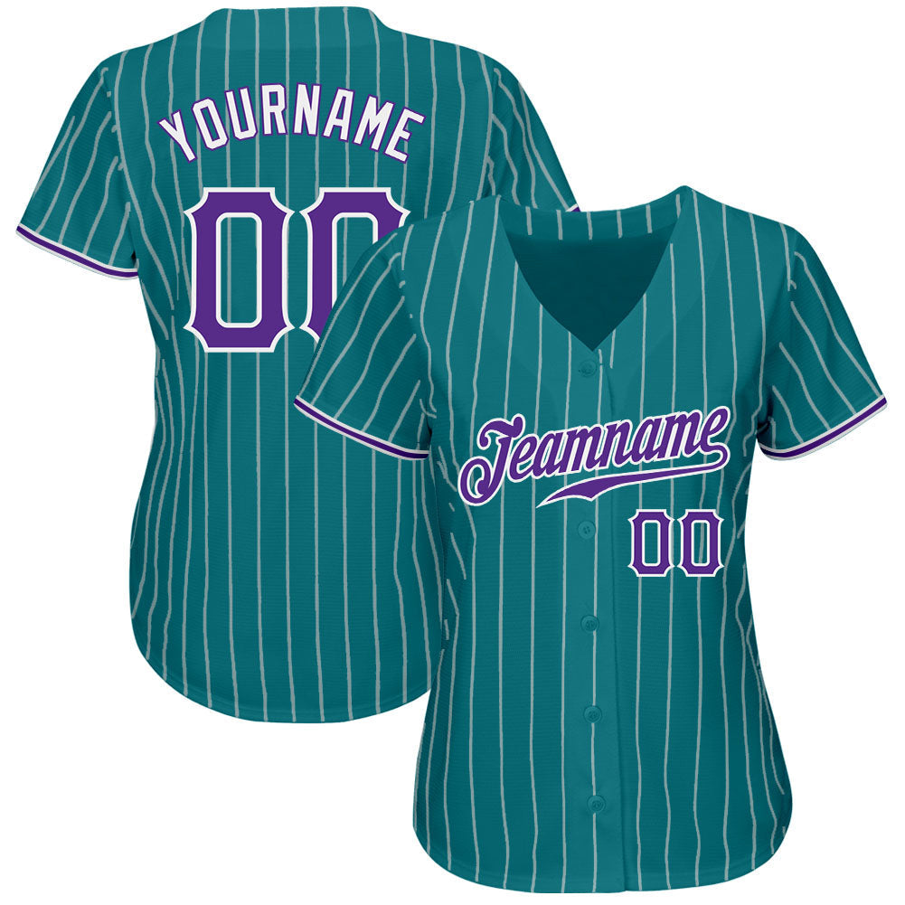 Custom Teal White Pinstripe Purple-White Authentic Baseball Jersey baseball jersey product view 2