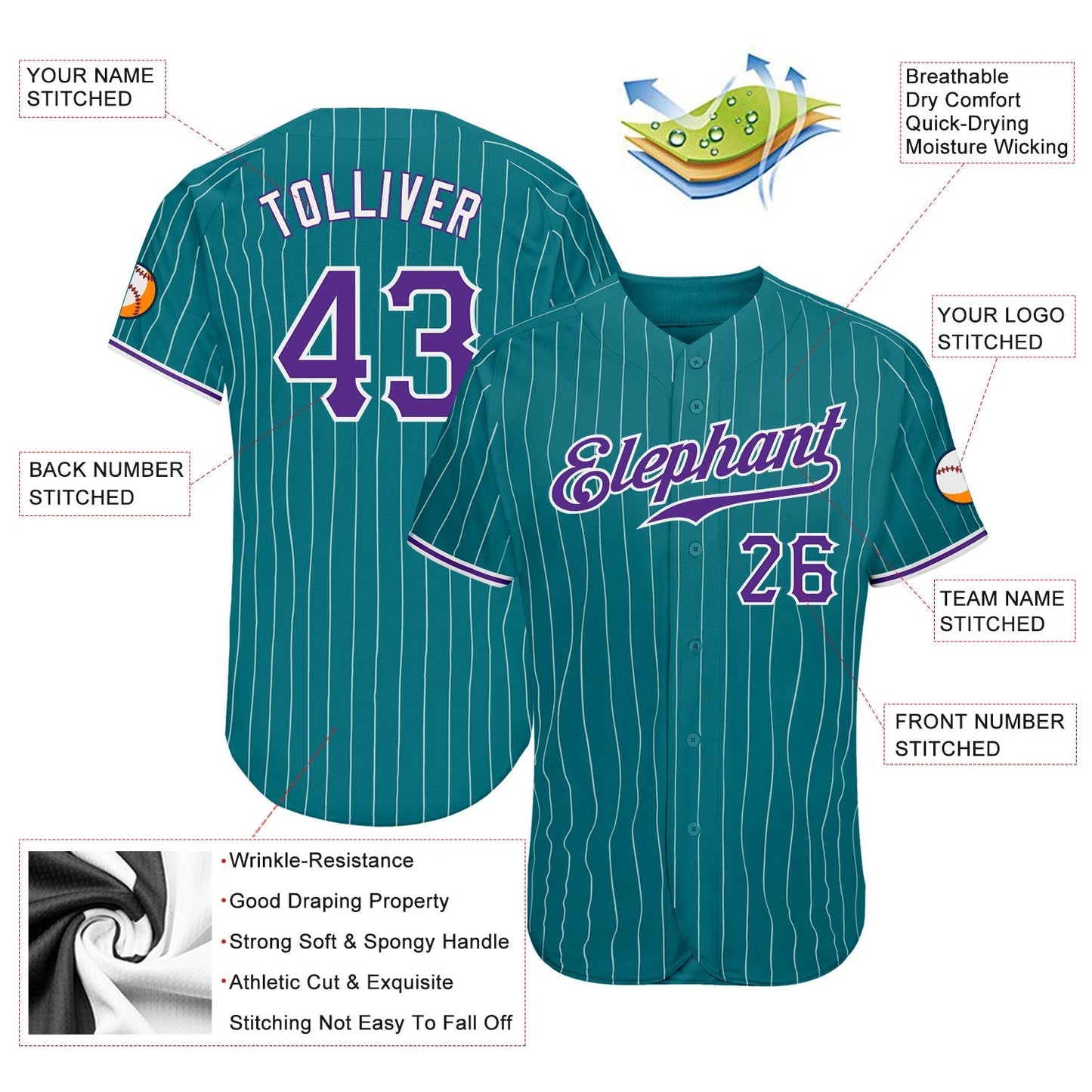 Custom Teal White Pinstripe Purple-White Authentic Baseball Jersey baseball jersey product view 3