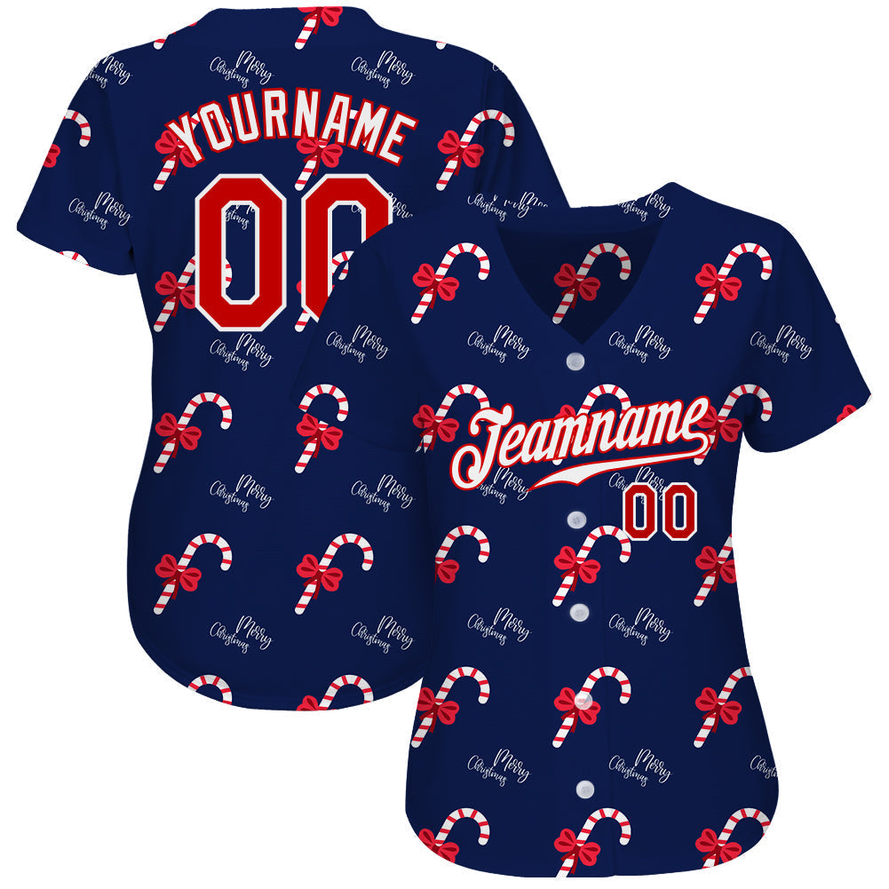 Custom Navy Red-White Christmas 3D Authentic Baseball Jersey baseball jersey product view 2