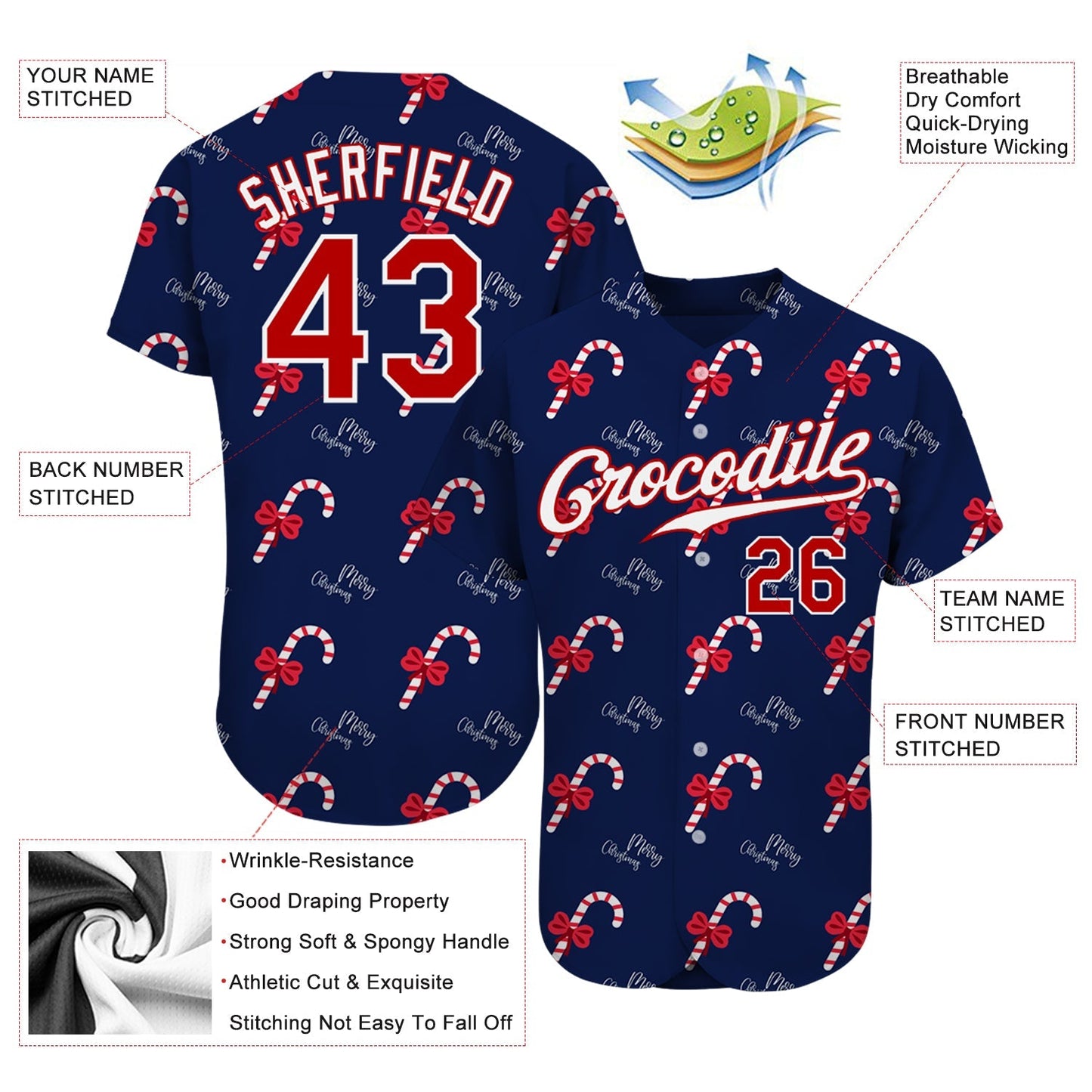 Custom Navy Red-White Christmas 3D Authentic Baseball Jersey baseball jersey product view 3