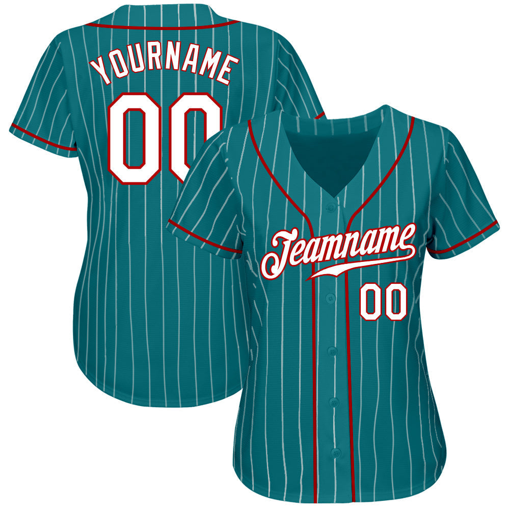 Custom Teal White Pinstripe White-Red Authentic Baseball Jersey baseball jersey product view 2