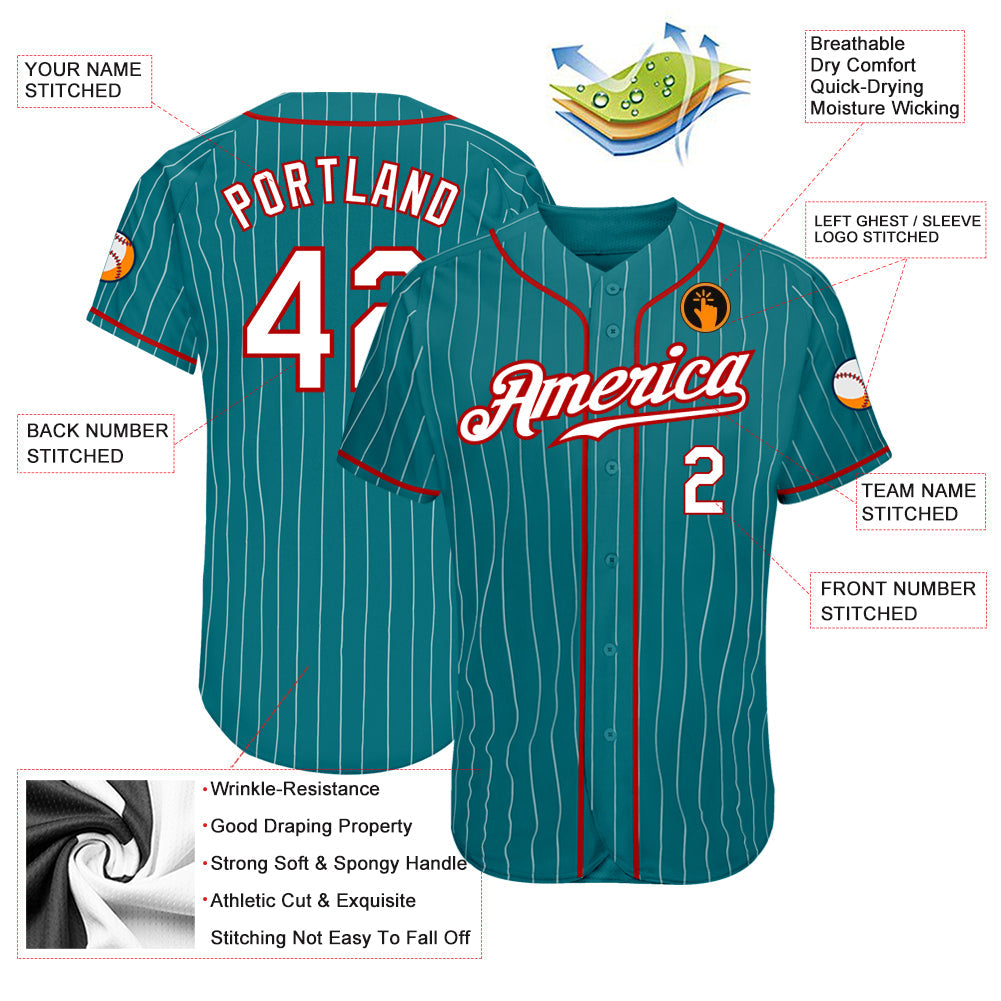 Custom Teal White Pinstripe White-Red Authentic Baseball Jersey baseball jersey product view 3