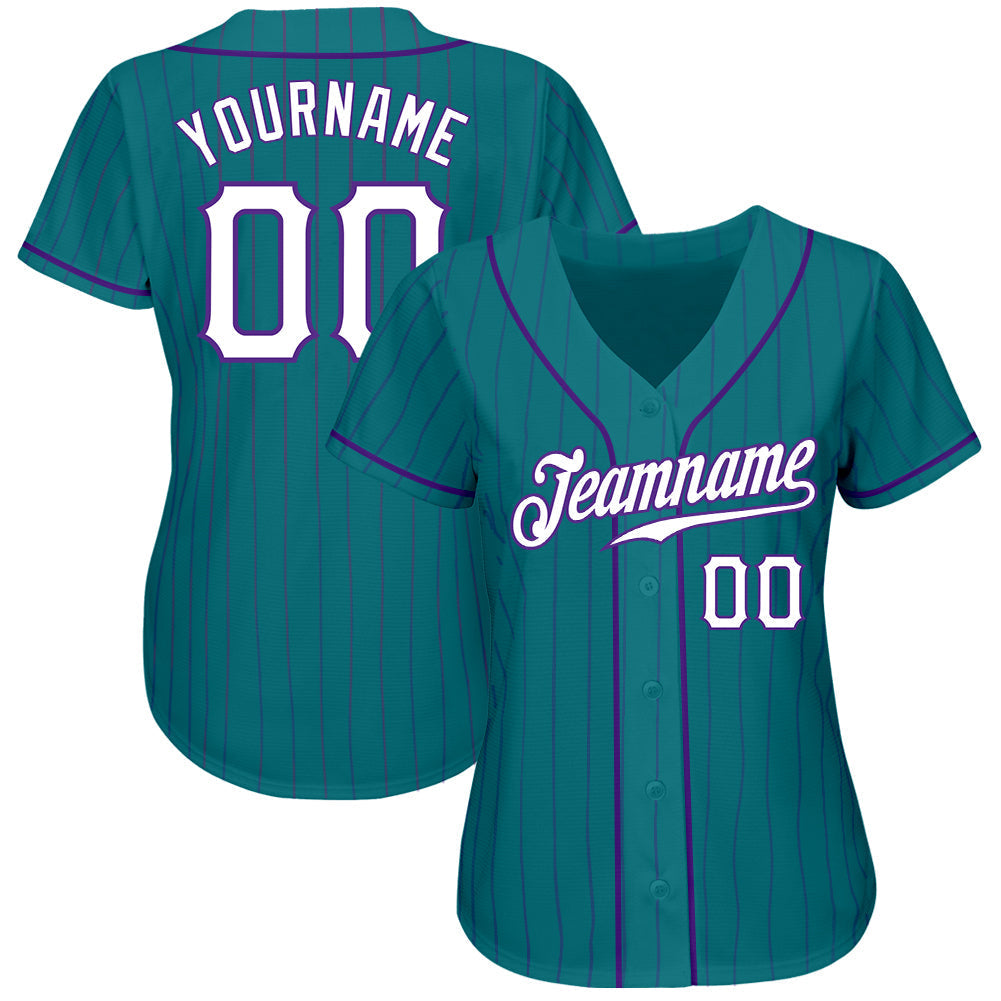 Custom Teal Purple Pinstripe White-Purple Authentic Baseball Jersey baseball jersey product view 2