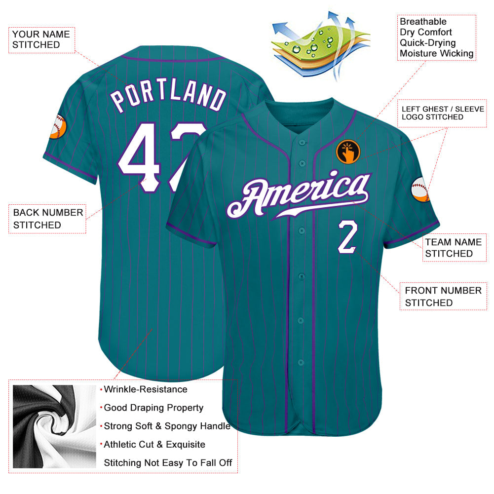 Custom Teal Purple Pinstripe White-Purple Authentic Baseball Jersey baseball jersey product view 3