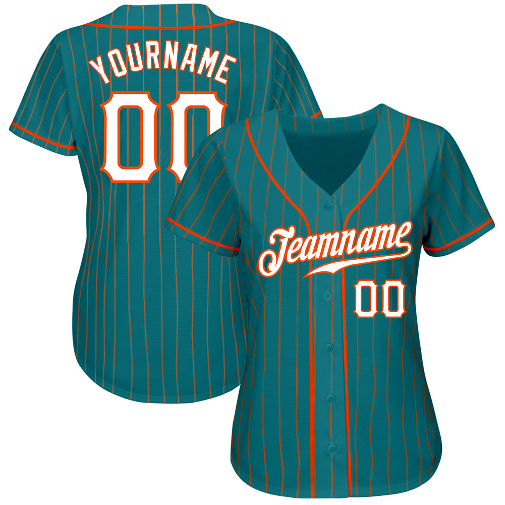Custom Teal Orange Pinstripe White-Orange Authentic Baseball Jersey baseball jersey product view 2