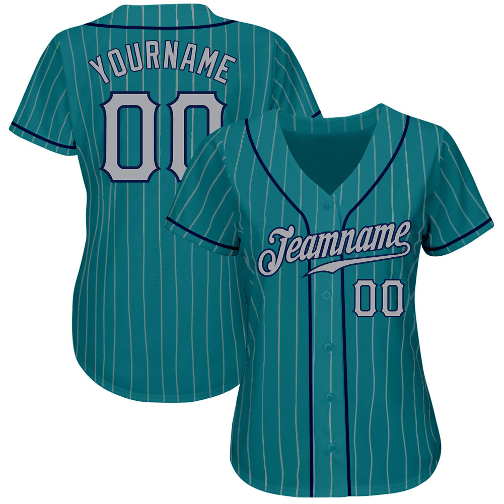 Custom Teal Gray Pinstripe Gray-Navy Authentic Baseball Jersey baseball jersey product view 3