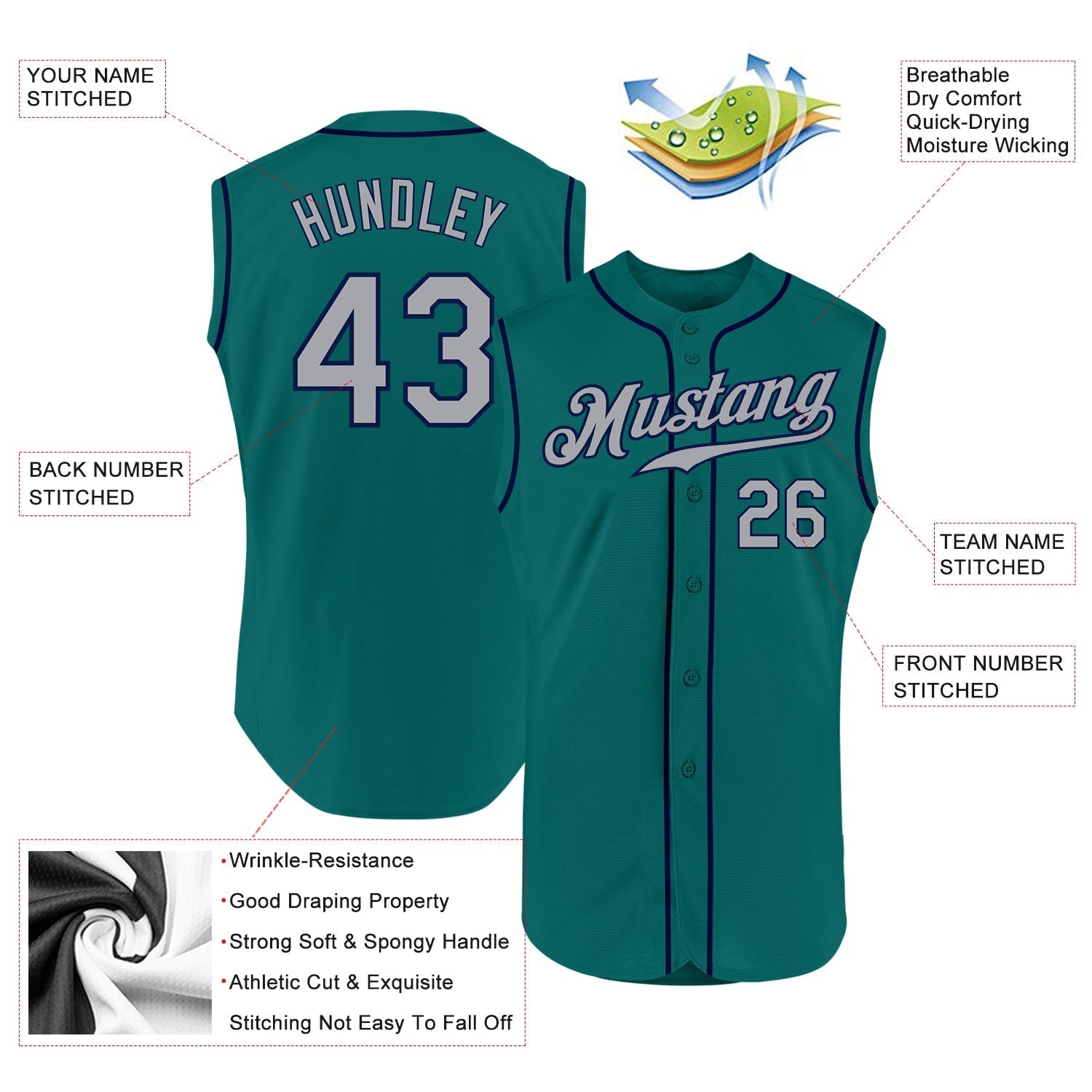 Custom Aqua Gray-Navy Authentic Sleeveless Baseball Jersey baseball jersey product view 2