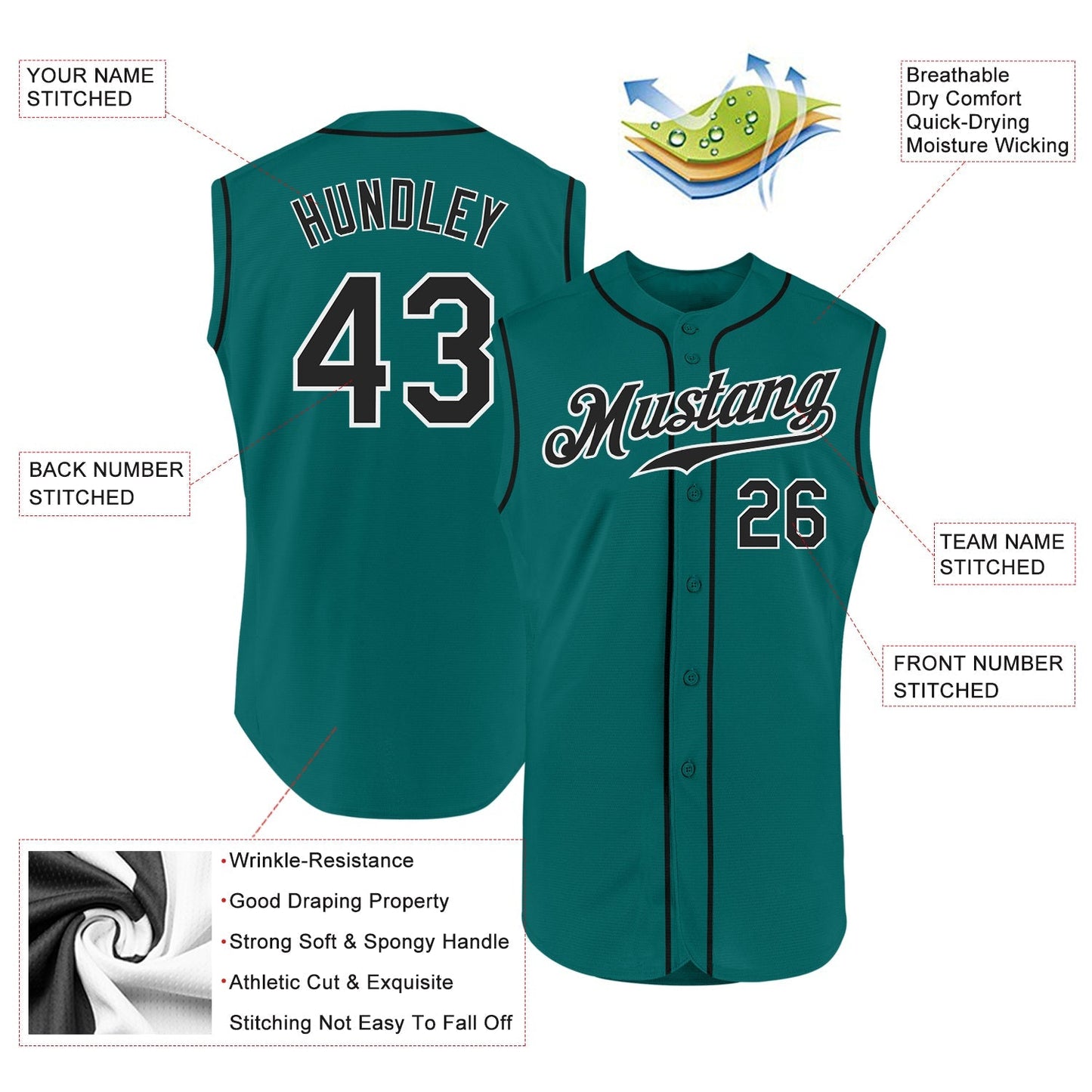 Custom Aqua Black-White Authentic Sleeveless Baseball Jersey baseball jersey product view 2