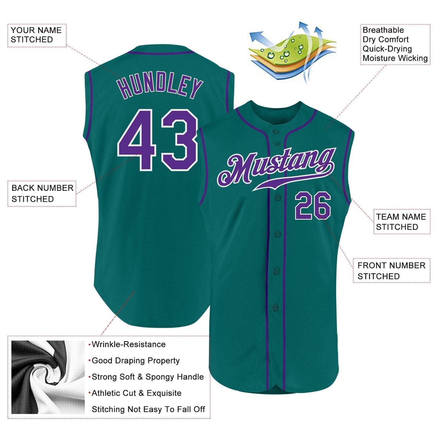 Custom Aqua Purple-White Authentic Sleeveless Baseball Jersey baseball jersey product view 2