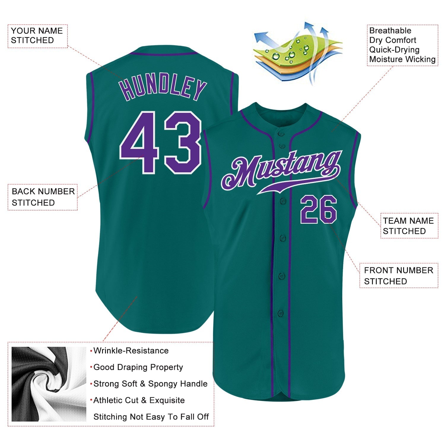 Custom Aqua Purple-White Authentic Sleeveless Baseball Jersey baseball jersey product view 2