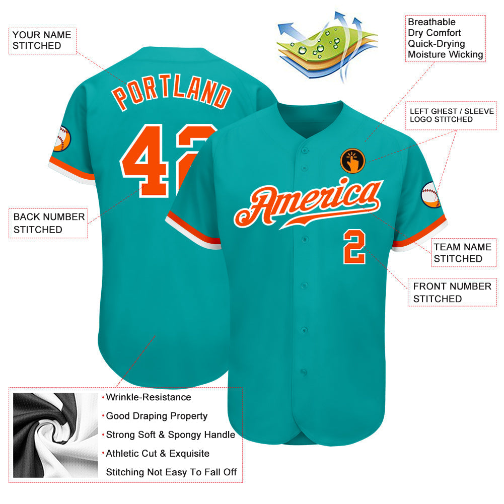 Custom Aqua Orange-White Authentic Baseball Jersey baseball jersey product view 3