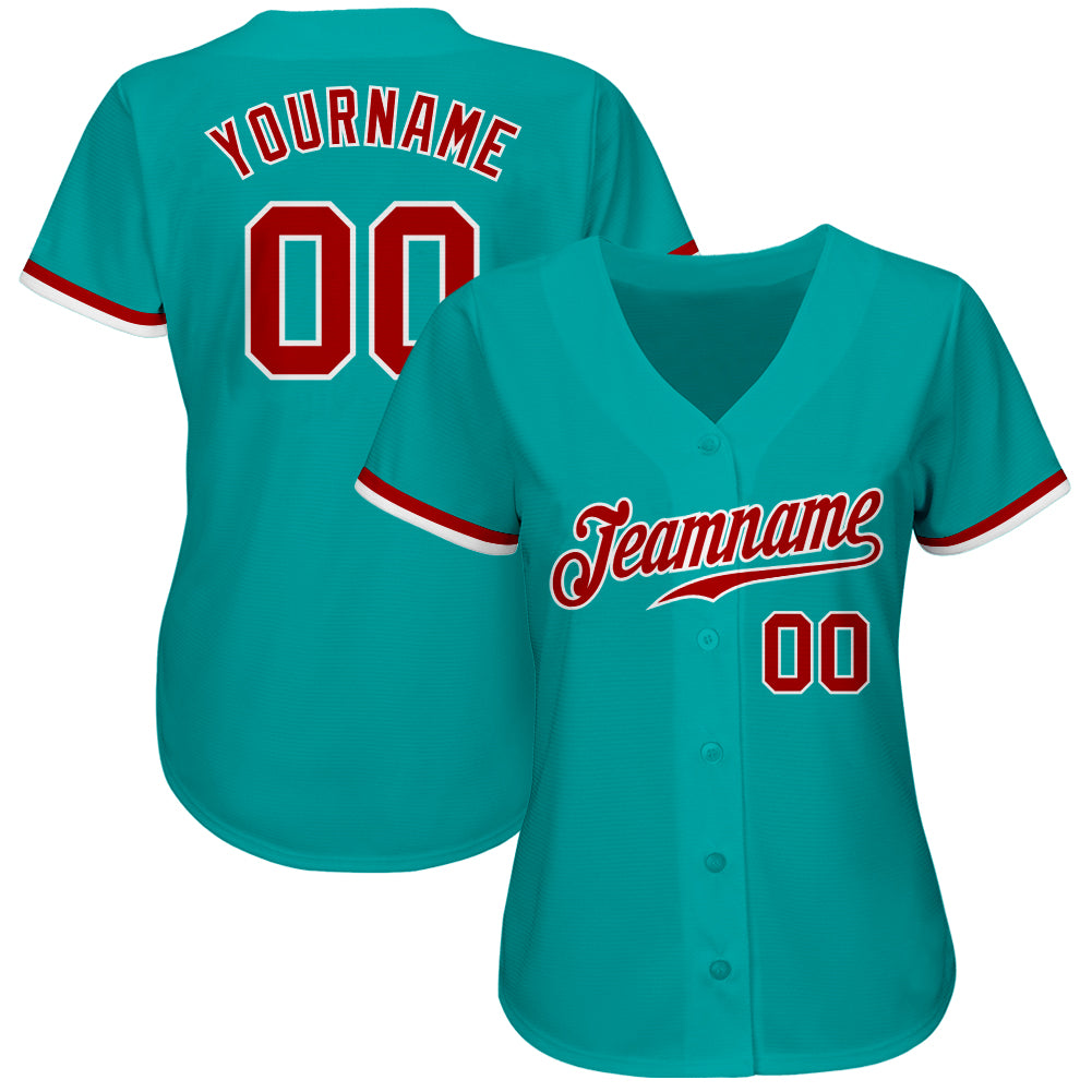Custom Aqua Red-White Authentic Baseball Jersey baseball jersey product view 2