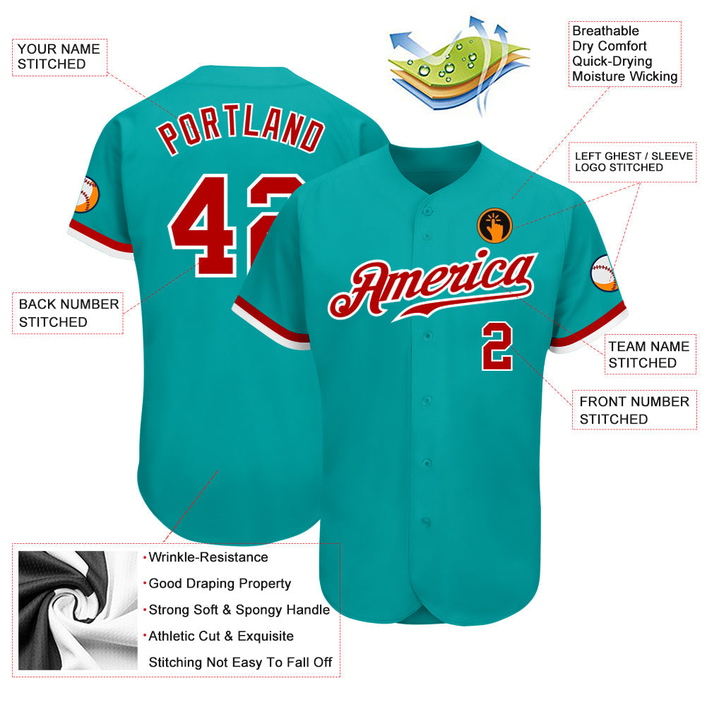 Custom Aqua Red-White Authentic Baseball Jersey baseball jersey product view 3
