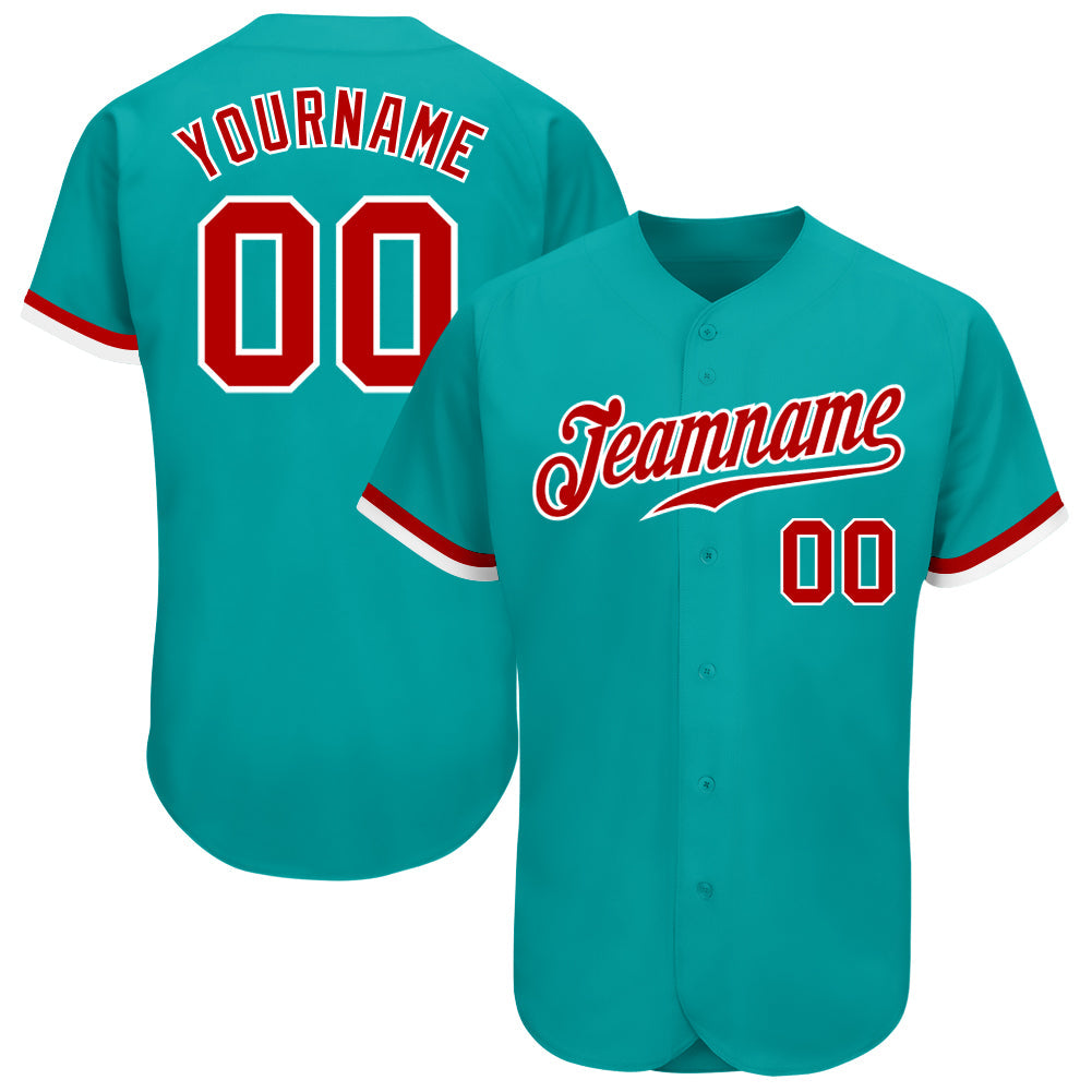 Custom Aqua Red-White Authentic Baseball Jersey baseball jersey product view 1