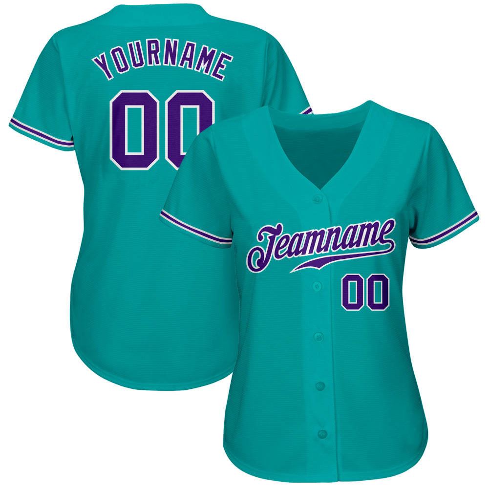 Custom Aqua Purple-White Authentic Baseball Jersey baseball jersey product view 2