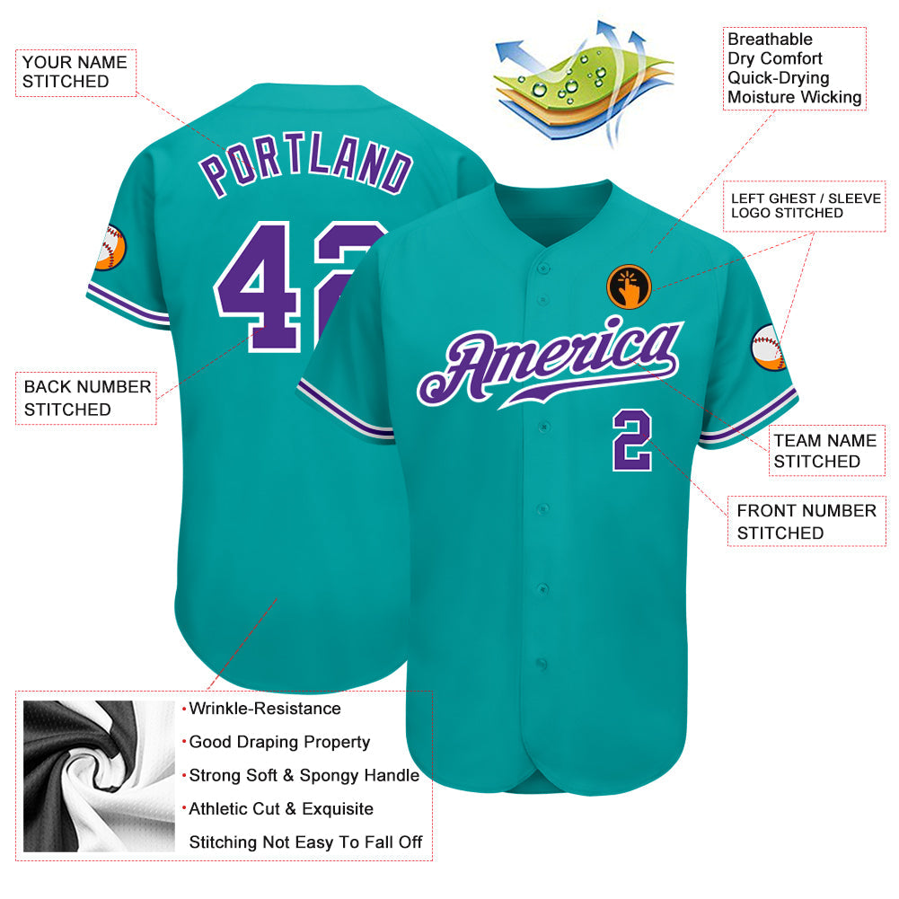 Custom Aqua Purple-White Authentic Baseball Jersey baseball jersey product view 3