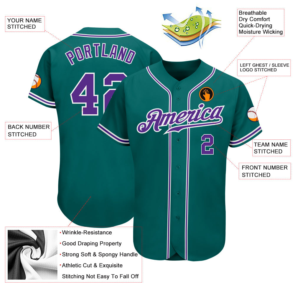 Custom Teal Purple-White Authentic Baseball Jersey baseball jersey product view 3