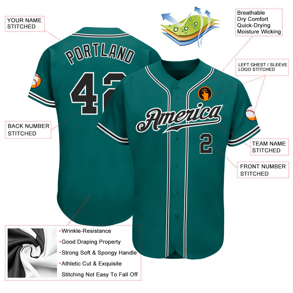 Custom Teal Black-White Authentic Baseball Jersey baseball jersey product view 3