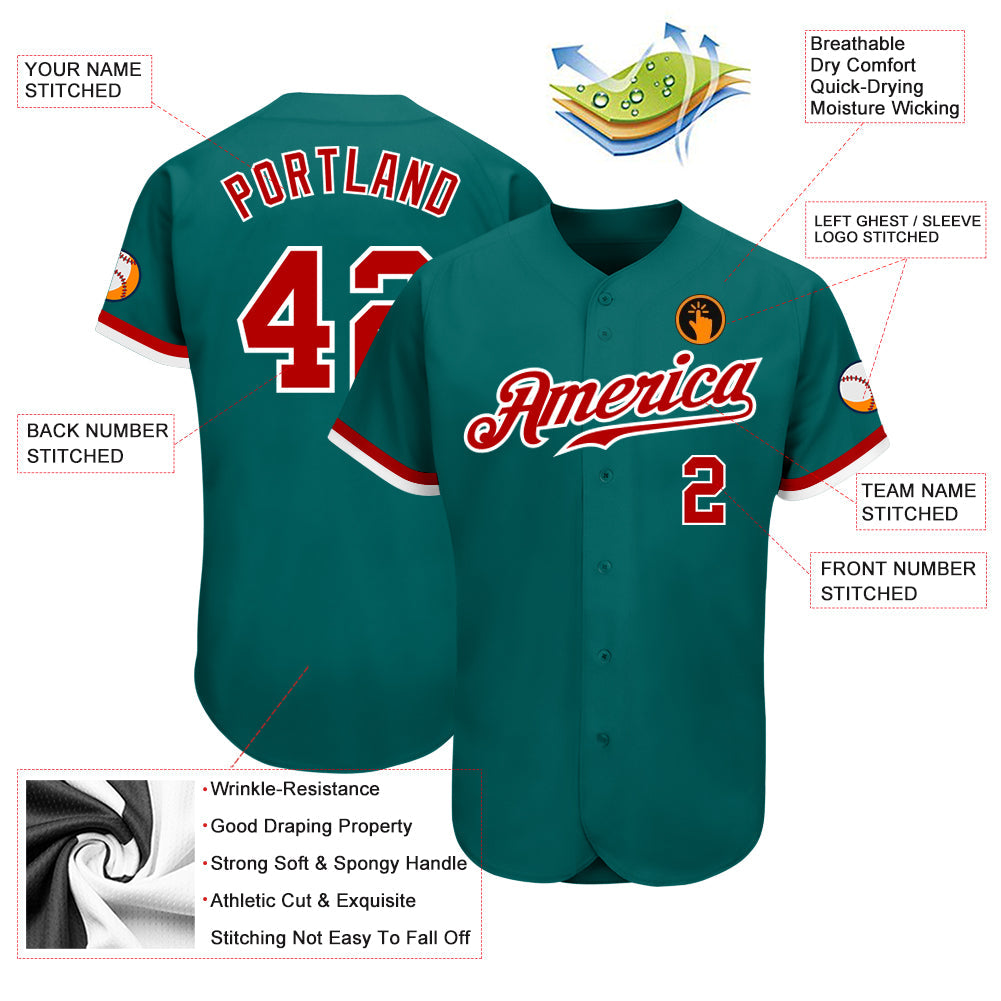 Custom Teal Red-White Authentic Baseball Jersey baseball jersey product view 3