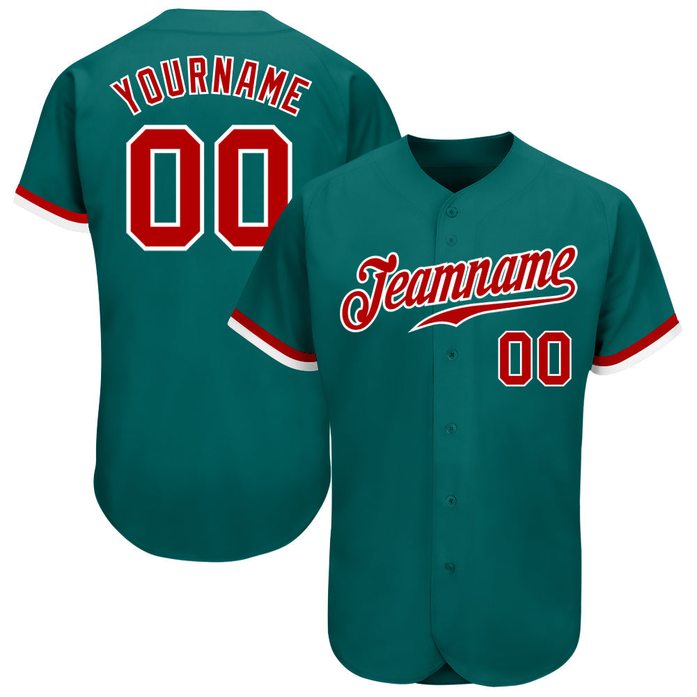 Custom Teal Red-White Authentic Baseball Jersey baseball jersey product view 1
