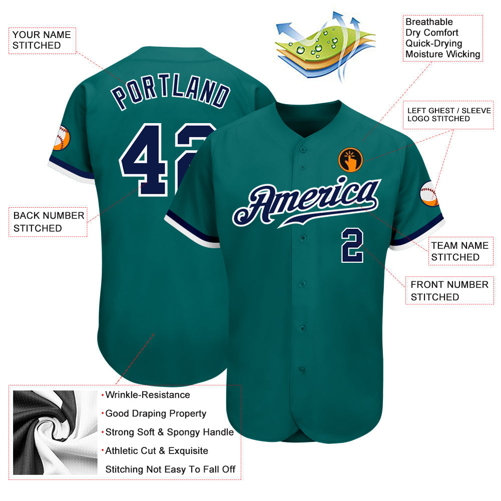 Custom Teal Navy-White Authentic Baseball Jersey baseball jersey product view 3