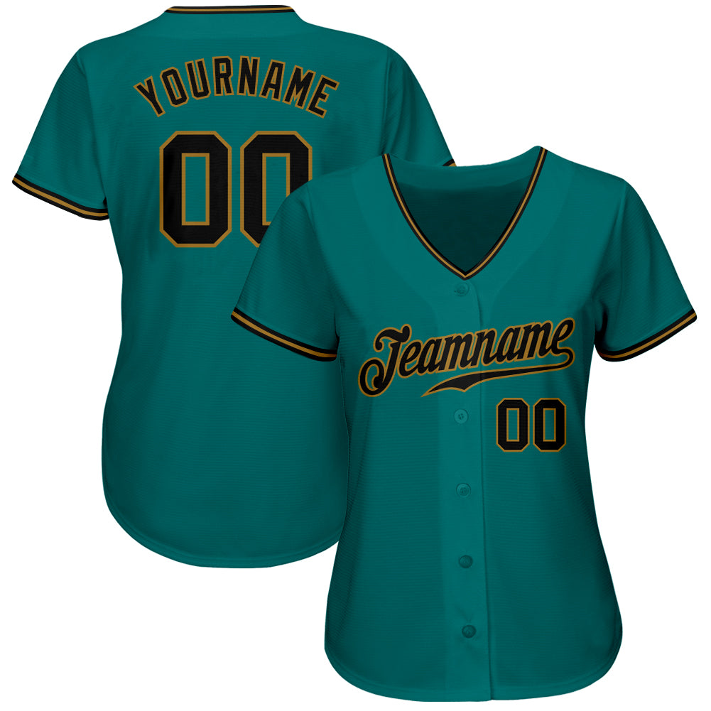 Custom Teal Black-Old Gold Authentic Baseball Jersey baseball jersey product view 2