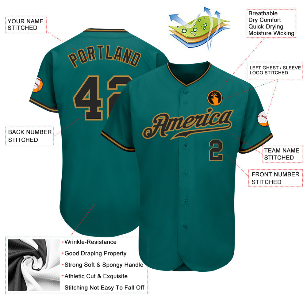 Custom Teal Black-Old Gold Authentic Baseball Jersey baseball jersey product view 3
