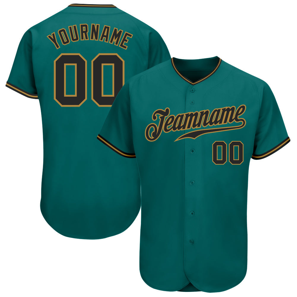 Custom Teal Black-Old Gold Authentic Baseball Jersey baseball jersey product view 1