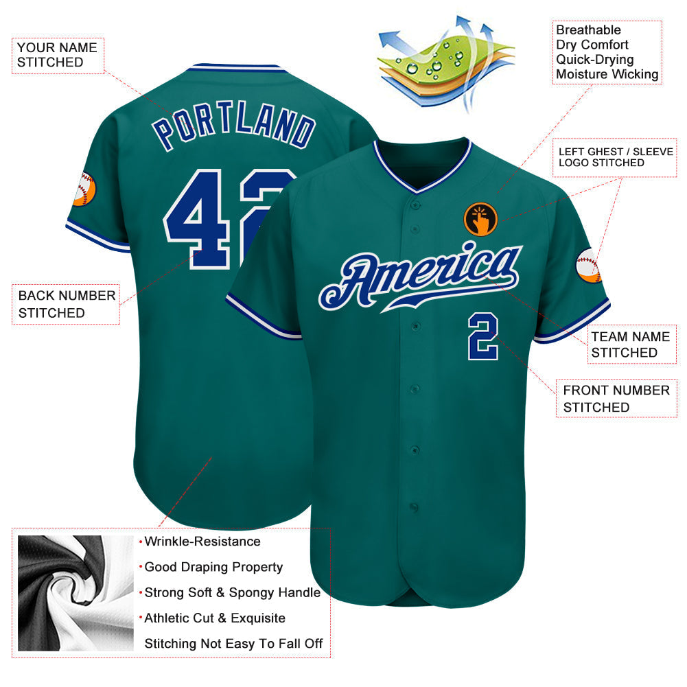 Custom Teal Royal-White Authentic Baseball Jersey baseball jersey product view 3