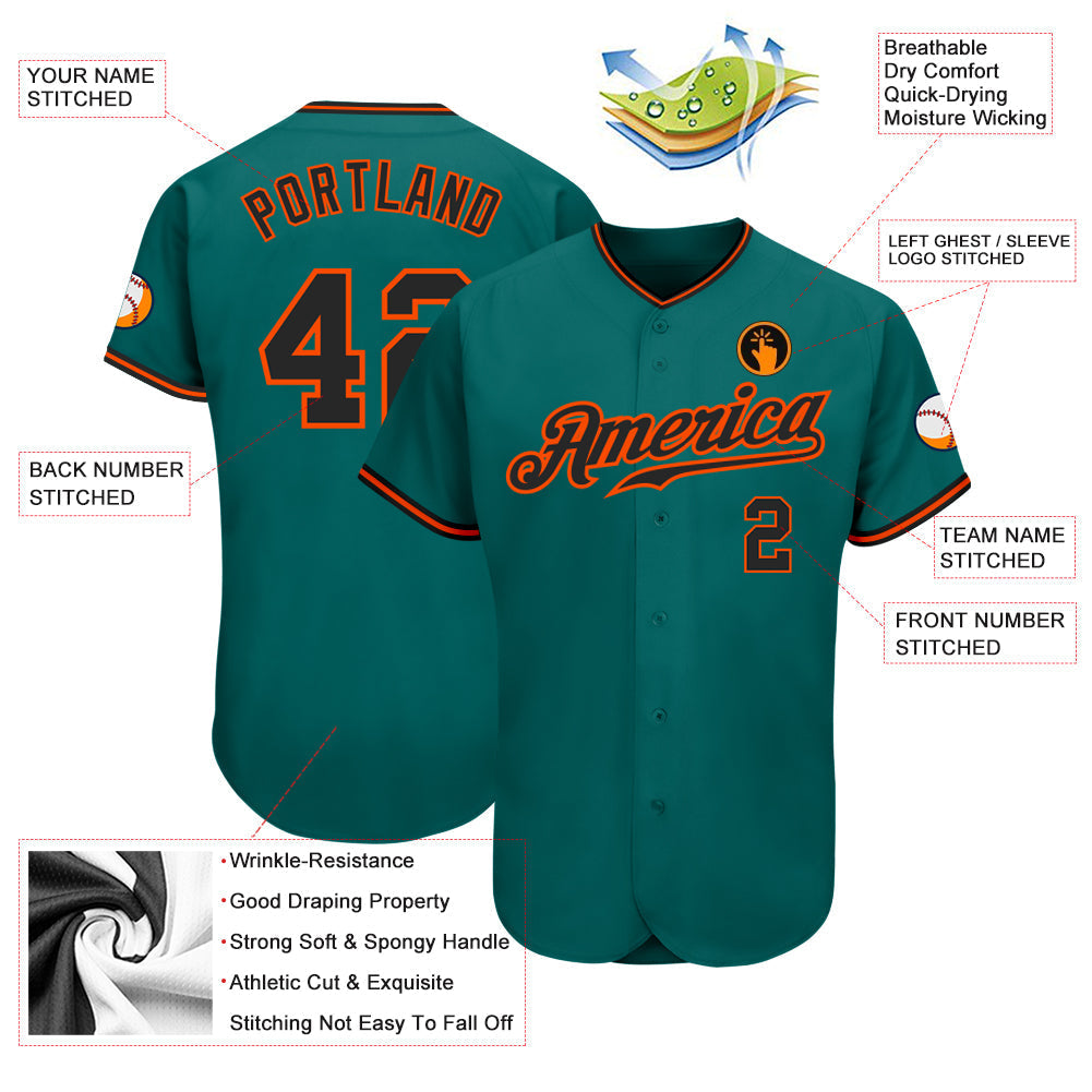 Custom Teal Black-Orange Authentic Baseball Jersey baseball jersey product view 3